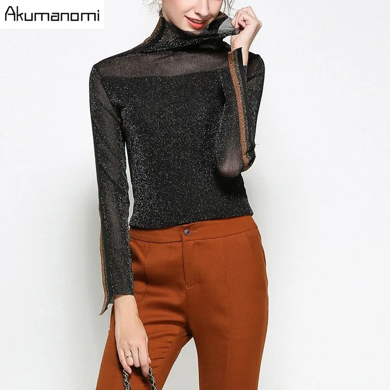 

Winter Autumn Gauze Patchwork Blouses Thick Black Turtleneck Side Stripe Irregular Cuff Women's Clothes Tops Outwear Plus Size