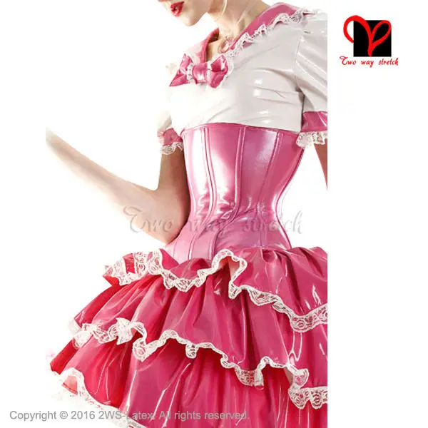 

Sexy Latex dress with lantern sleeve rubber playsuit lolita sets with front buttons QZ-074