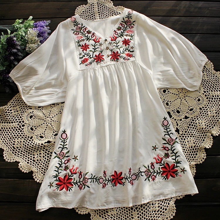 Летняя женская Мексиканская вышитая Цветочная Крестьянская блузка винтажная Этническая туника бохо одежда для хиппи Топы Blusa Feminina