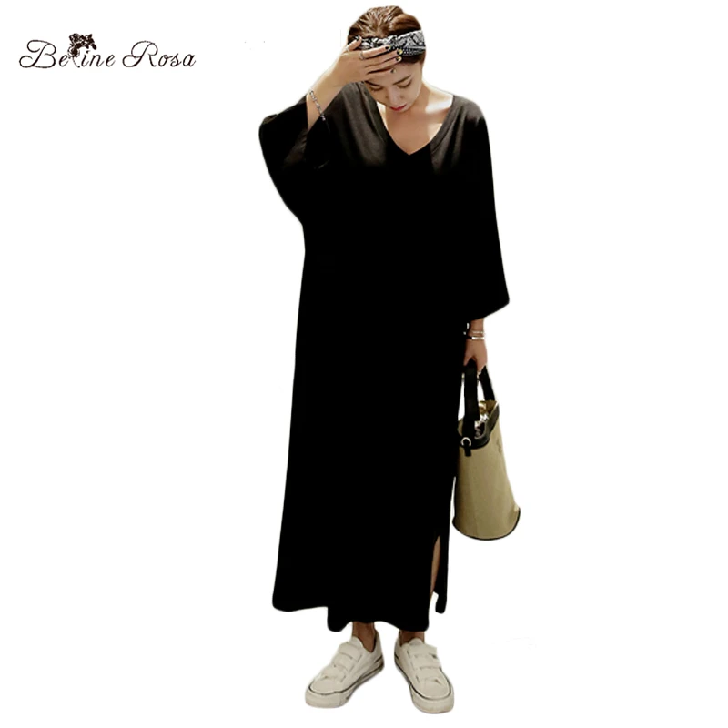 

BelineRosa Deep V Neck Long Dresses Spring Autumn Women's Shirt Dress Loose Style Fashion Black Color Clothes for Women TYFS0005