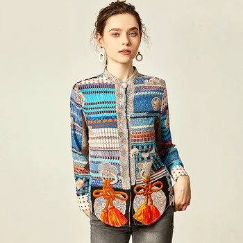 

100% Silk Blouse Women Shirt Symmetrical Printed Design Stand Neck Long Flare Sleeve Casual Style Plus Size New Fashion 2019