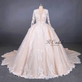 شراءPEORCHID 2019 الفاخرة الشمبانيا فستان الزفاف زين الدانتيل مع الأكمام قطار طويل خمر فستان الزفاف الكرة ثوب للعروس