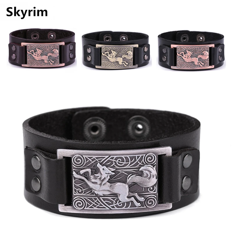 

Skyrim Teen Wolf Leather Bracelets Viking Wolf Totem Metal Crafts Connector Charms Adjustable Wristband Cuff Leather Bracelets