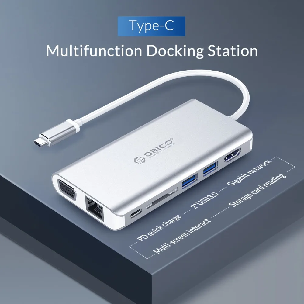 ORICO USB HUB Type C to HDMI RJ45 VGA for MacBook Samsung HUAWEI 8-in-1 Type C USB 3.0 HUB 15CM Cab