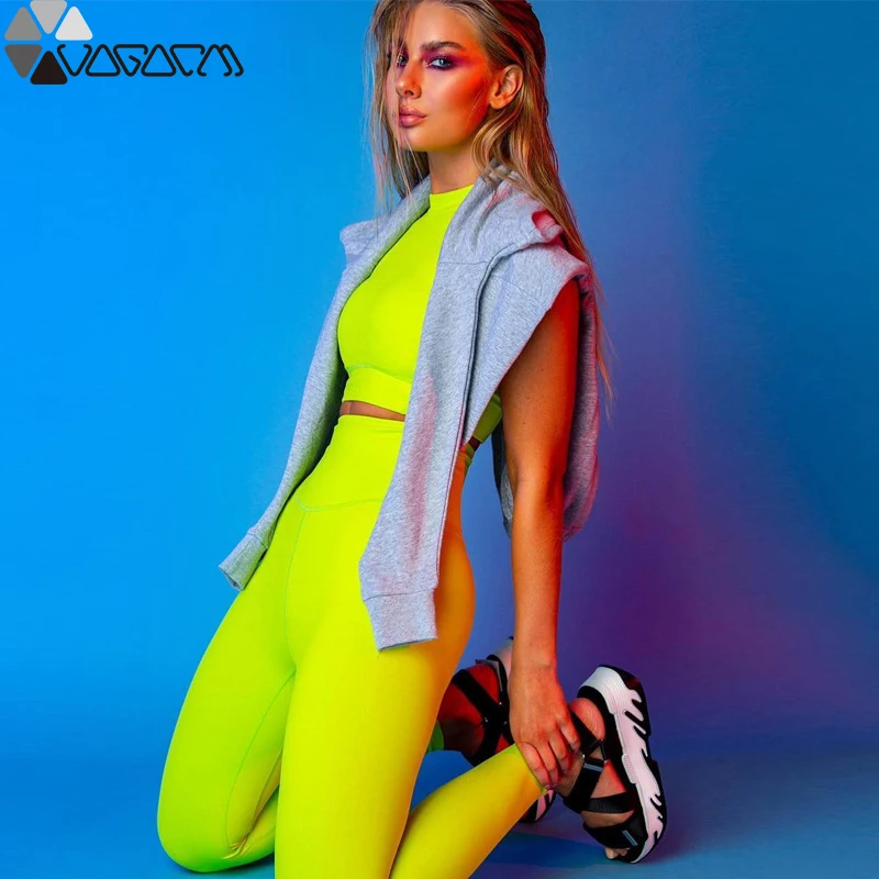 

Summer Women's New Fluorescent Color Two Piece Sleeveless Vest Trousers Yoga Sports Suit Fitness Running Mujer High Waist Wear