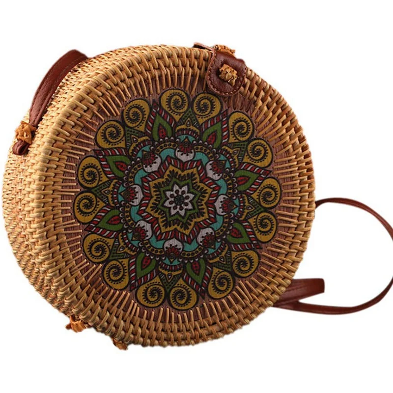 

Women Handwoven Round Rattan Bag Shoulder Leather Straps Natural Chic Hand