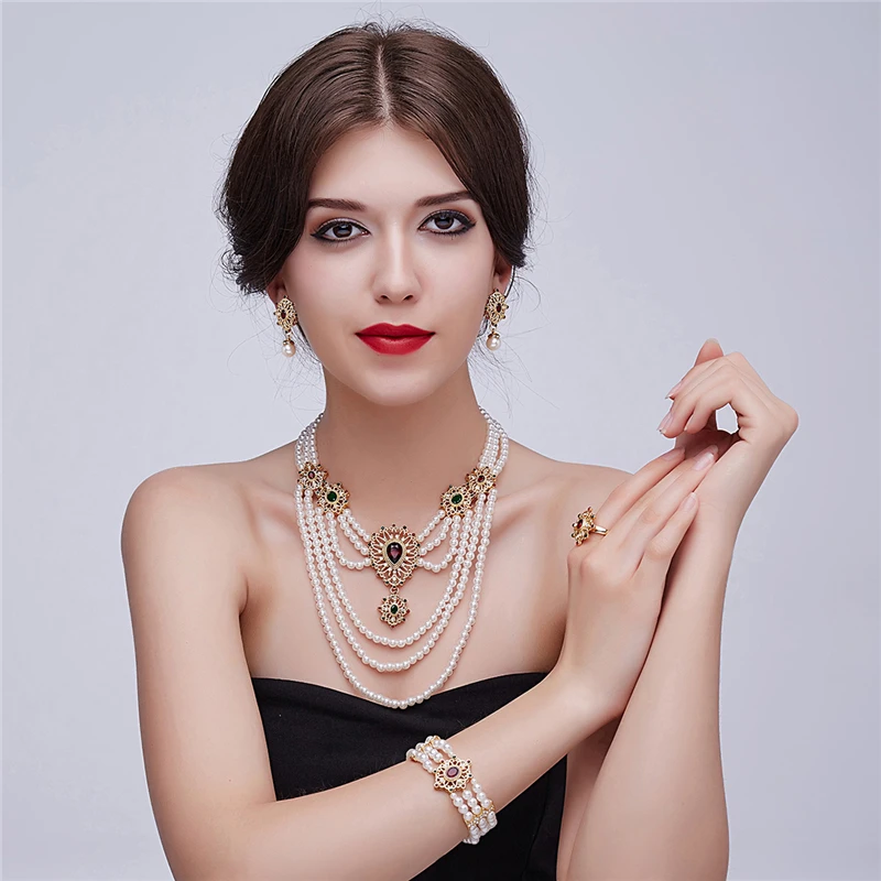 

CWEEL Fashion Dubai African Beads Jewelry Sets for Women Wedding Vintage Indian Bridal Costume Imitation Pearl Jewellery Set