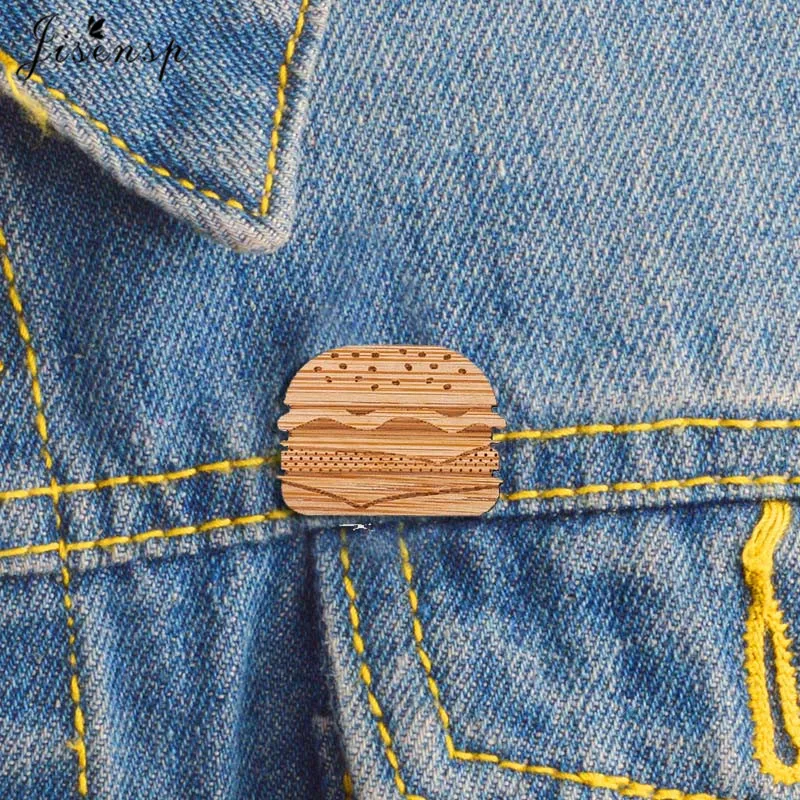 Burger brooch - hamburger pin - cheeseburger jewelry - lasercut maple wood - graphic retro kitsch jewellery