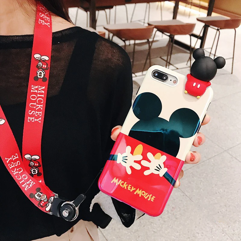 

for iphone XS max XR X 3D minnie mickey blue ray Soft phone Case For iphone 8plus 7plus 6SP 7 8 6 6S Cute Cover shell + strap