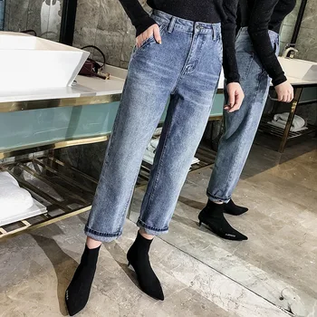 

Nonis High Waist Wide Leg Loose Jeans Ankle Length Women straight Trousers Casual Pocket Denim Pants Streetwear New Spring 2019