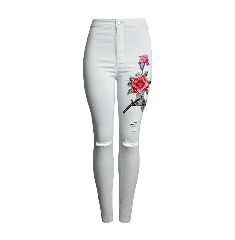 2017 Hot Fashion Women Clothing White Jeans 3D Embroidery Slim Feet Pants Jeans Knee Hole Female Pencil Pants Trousers Leggings (15)