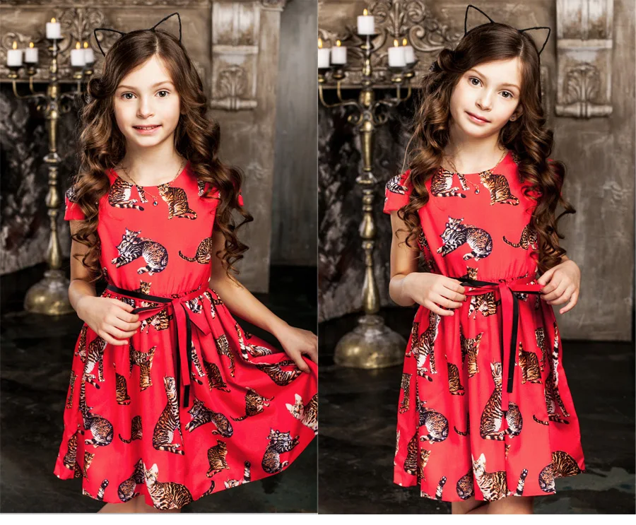 ChildDkivy/Детское платье принцессы для маленьких девочек от 2 до 8 лет, платья для маленьких девочек Лето г. Детские вечерние костюмы с принтом кота