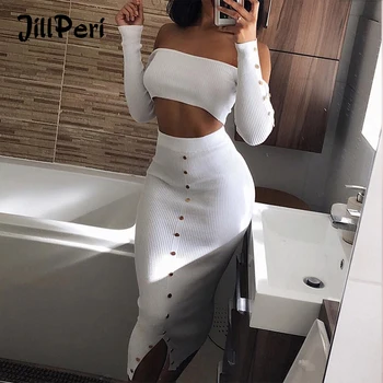 

JillPeri Women Off The Shoulder Crop Top and Bottom 2 Piece Dress Stretch Solid Long Sleeve Daily Outfit Club Sexy Midi Dress