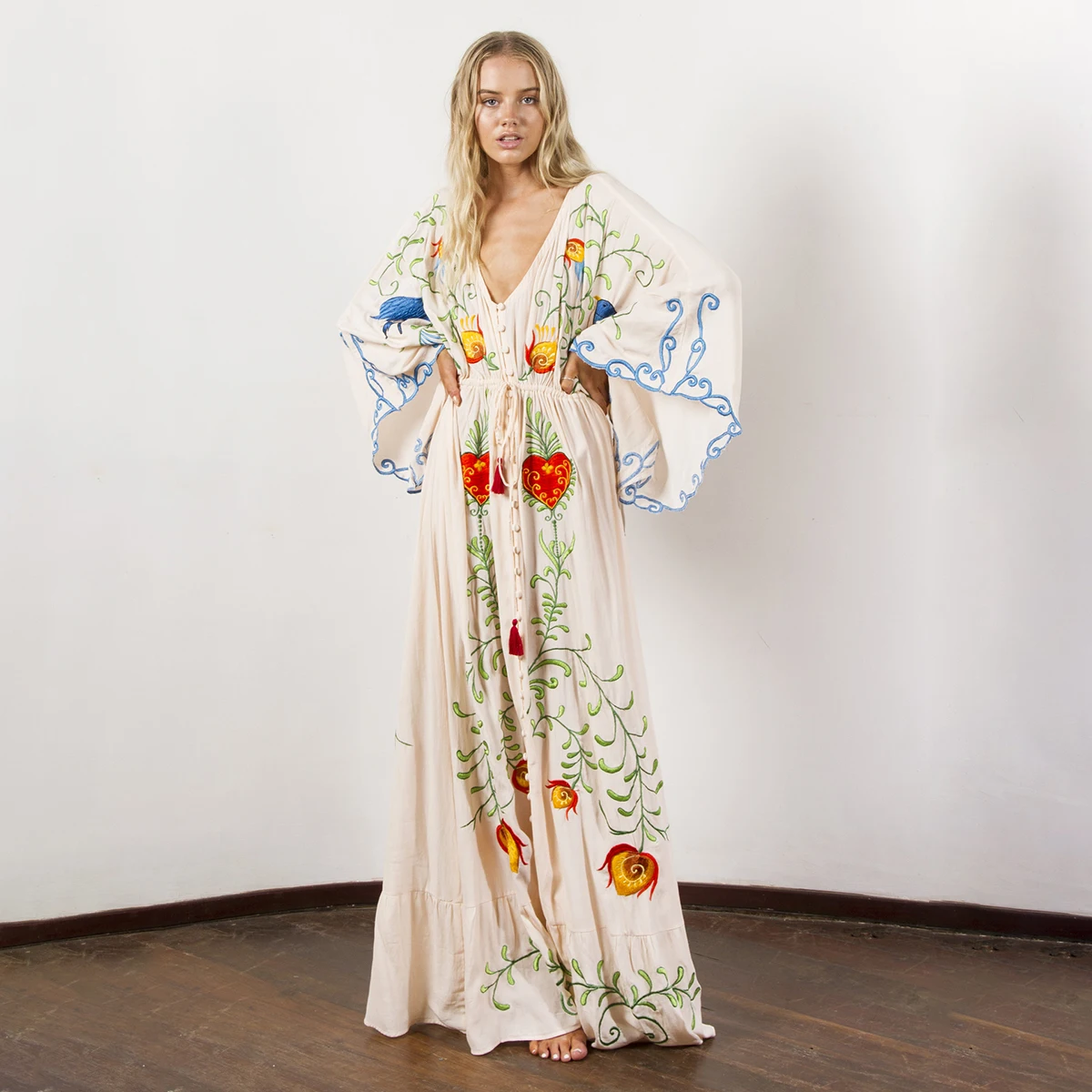 Women Boho Tunic Mini Dress Summer Casual Deep V-Neck Floral Printed Flare Long Sleeve Loose Beach Short Dresses