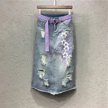 Винтажные рваные джинсы с вышивкой Юбки для девочек с высокой талией кисточкой модные летние женские джинсовые юбки большие размеры