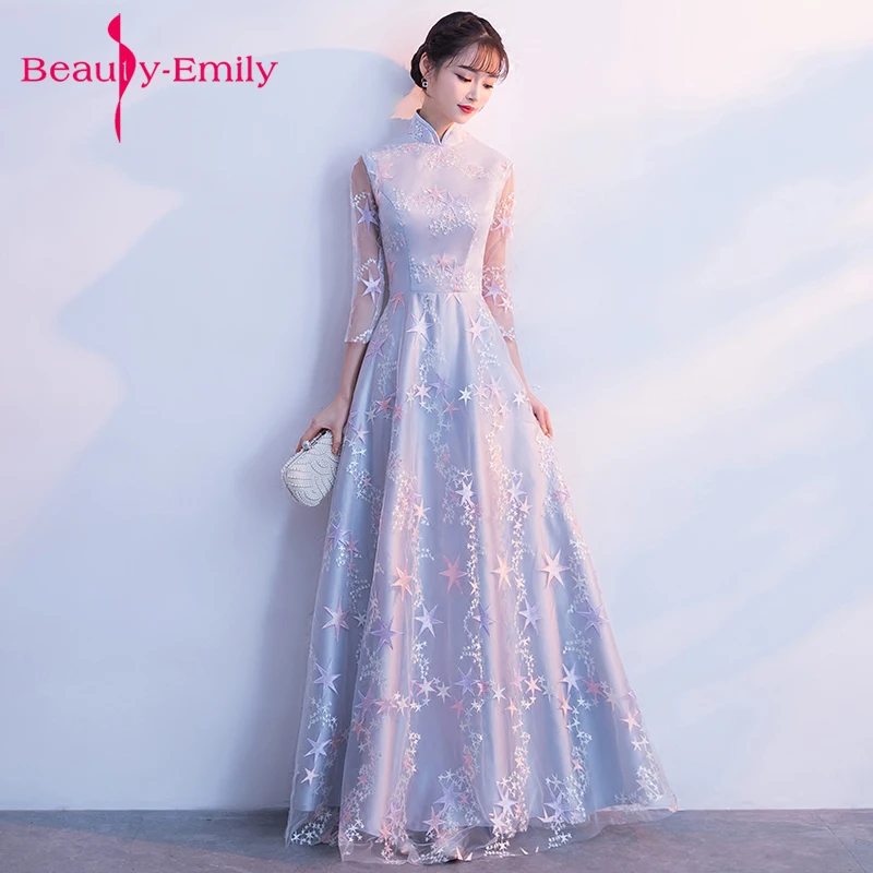 

Beauty Emily Tulle stars decorated floor-length party dress New year Evening dresses satin prom gown vestido de festa