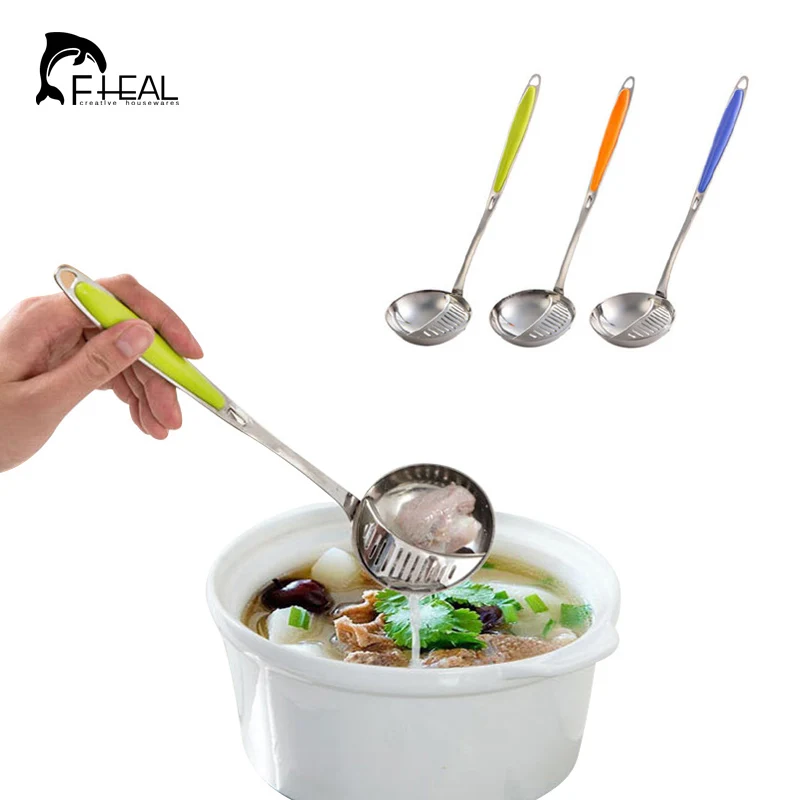 

FHEAL 2 in 1 Long Handle Stainless Steel Spoon Soup with Filter Tableware Flatware Cooking Tools Kitchen Accessories