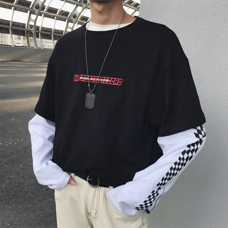 XQS Mens Color Contrast Punk Stylish Long Sleeve Hooded Hip-Hop T-Shirt