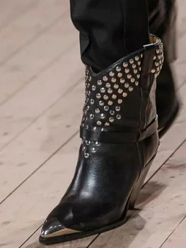 

High Quality Black Leather Women Winter Boots 2018 Pointed Toe Rivets Metal Toe Studded Boots Spike Heels Ridding Boots Winter