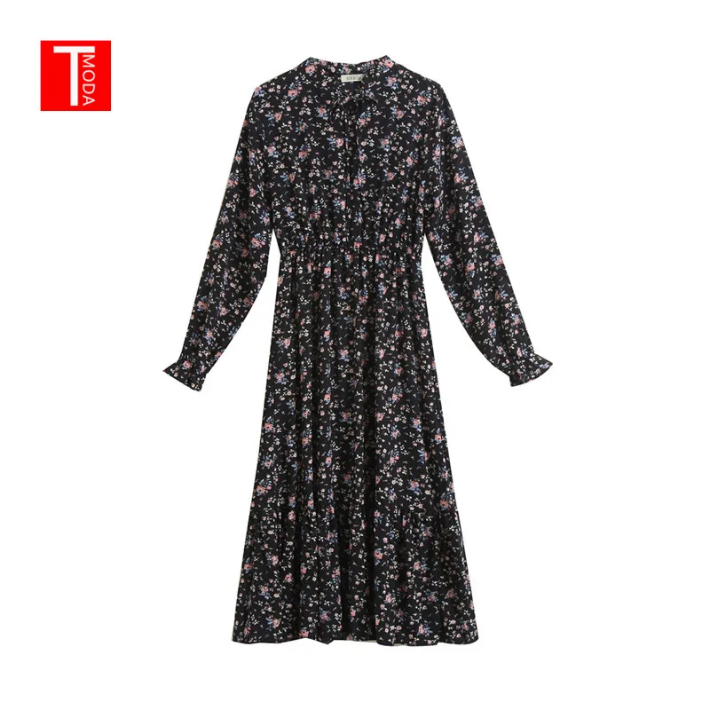 

2019 Spring Summer Vintage Chic Women Vestidos Floral Print Long Sleeve Beach Bohemian Maxi Dress Ladies Ruffled Boho Dress