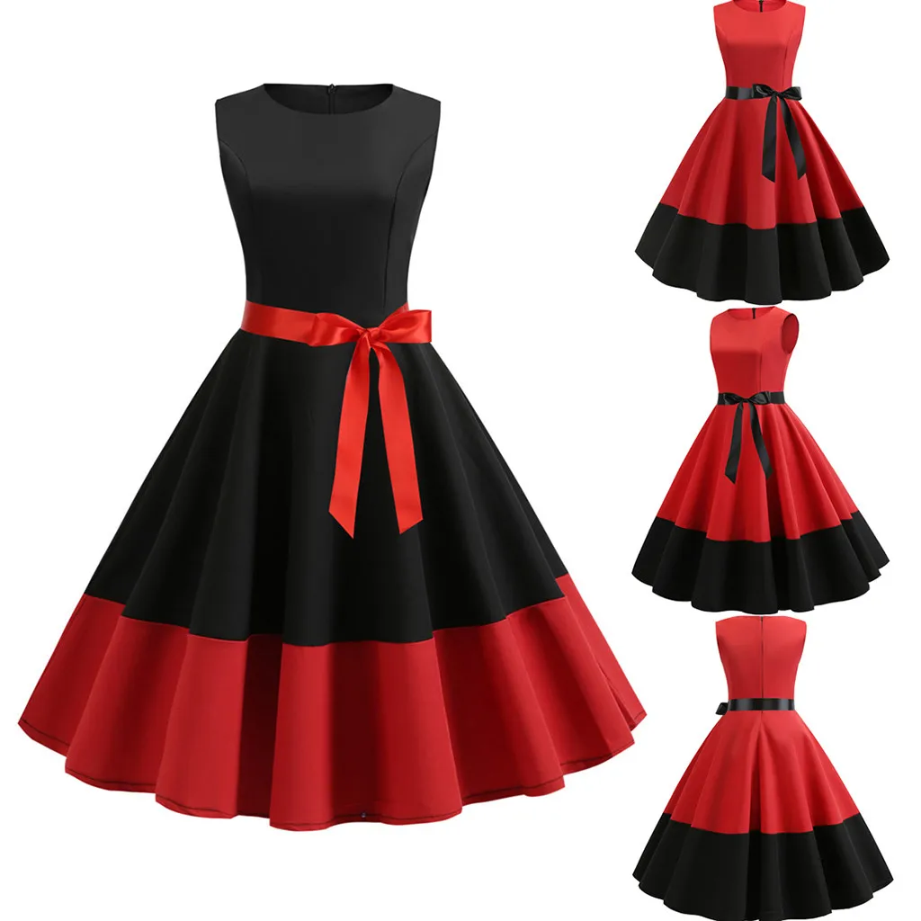 

2019 Spring Summer New Women Vintage 1950s Retro Sleeveless Patchwork Female Sweet Princess Party Dress camiseta tirantes mujer