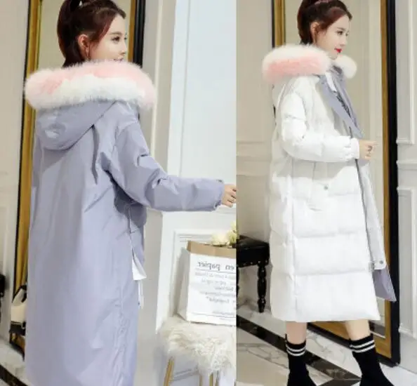 Двусторонняя одежда, Женская Длинная зимняя утепленная куртка, белое пуховое пальто, женская зимняя верхняя одежда с меховым воротником и капюшоном, пальто YP1231 - Цвет: grey White
