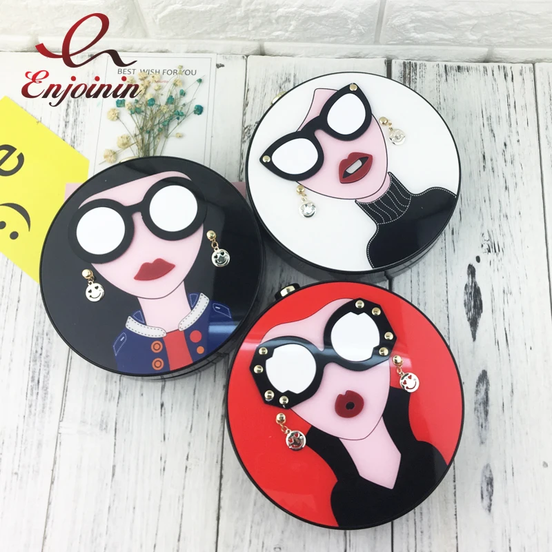 Design dos Desenhos Bolsa de Embreagem Bolsa de Ombro Moda Animados Sexy Mulher Acrílico Forma Redonda Festa Noite Bolsa Feminina Corrente Aleta