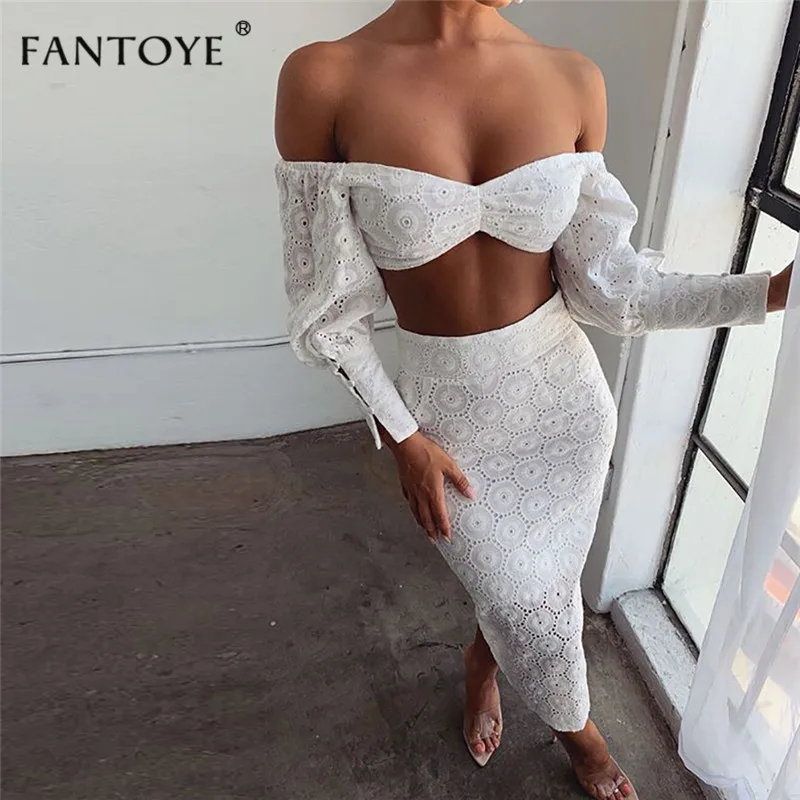

Fantoye Women Sexy Two Piece Set Dress Summer Lace Off Shoulder Crop Top Suit Dress Female Casual High Waist Long Party Dresses