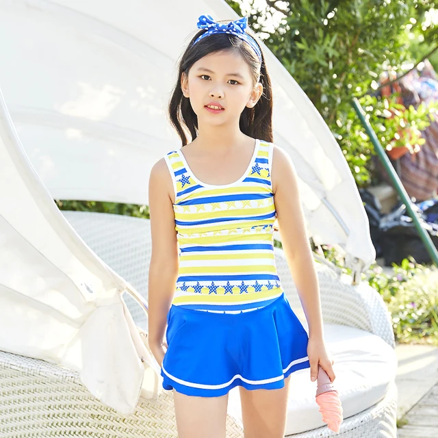 Best Offers Big Girls Two Pieces Swimsuit Children's Tankini Swimwear Girls blue Striped Swimming Bathing Suit 7-15 Years old Sports Dress