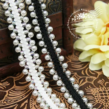 

Fashion Doule side Pearl Embroidered Lace Trim Ribbon in White and Black Imitation Pearl beaded-Ali