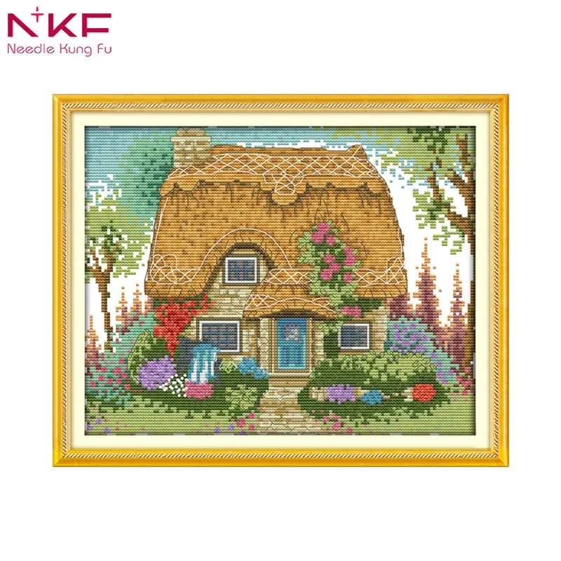

A thatched hut Scenic painting pattern counted printed on canvas DMC 14CT Chinese Cross Stitch kit needlework Set embroidery