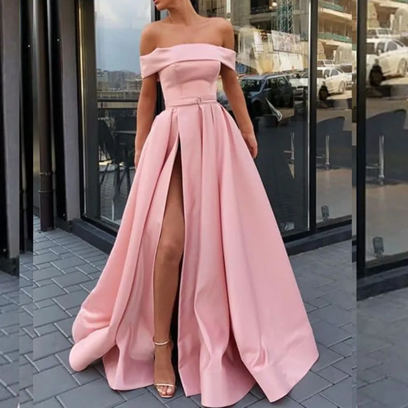 

AE1220 New Off the shoulder Modest Simple Satin Evening Dresses Party Prom Dresses Formal Gowns Plus size Long Dresses with Slit