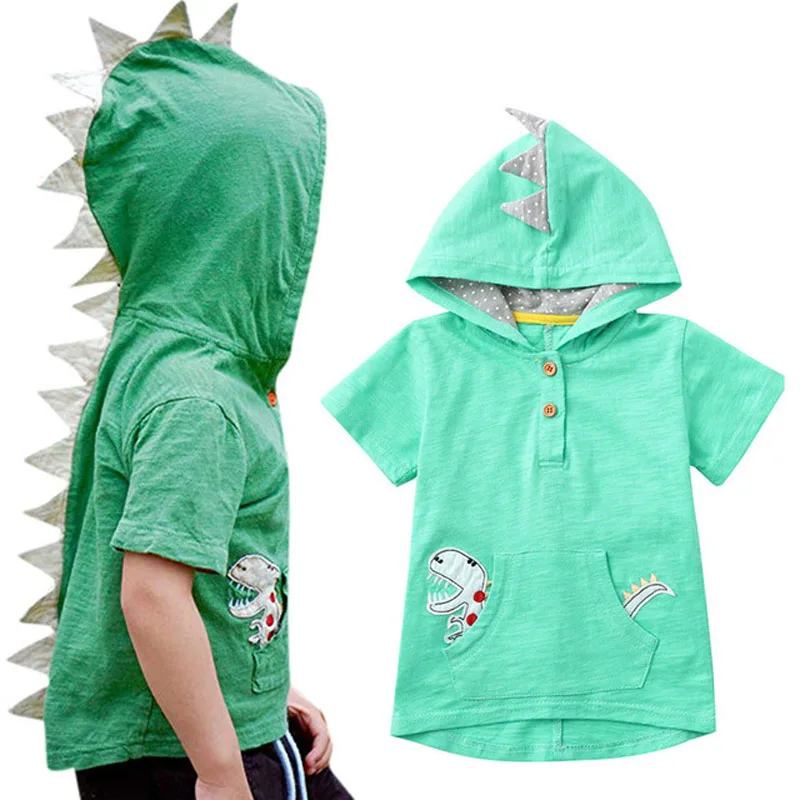 

Children's Short-sleeved T-shirt Green Dinosaur Hooded Girls T-shirt Summer New Boy T Shirt Tops Kids Baby Clothes Outfits