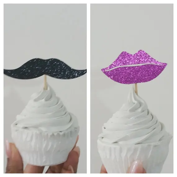 Glitter Mustache Lips Wedding Cupcake Toppers Bridal Baby Shower Glitter Mustache Lips Wedding Cupcake Toppers Bridal Baby Shower