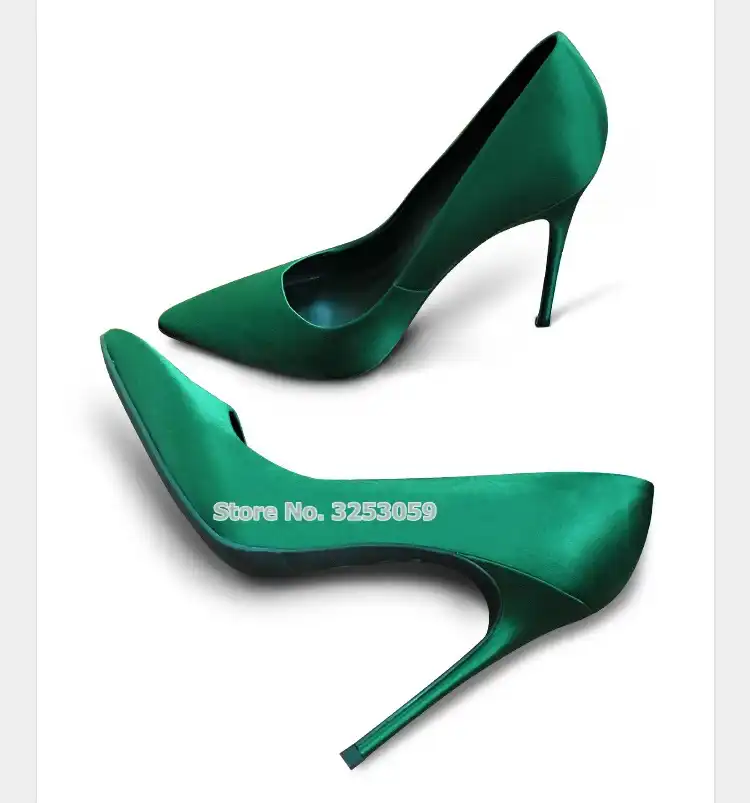 green satin pumps