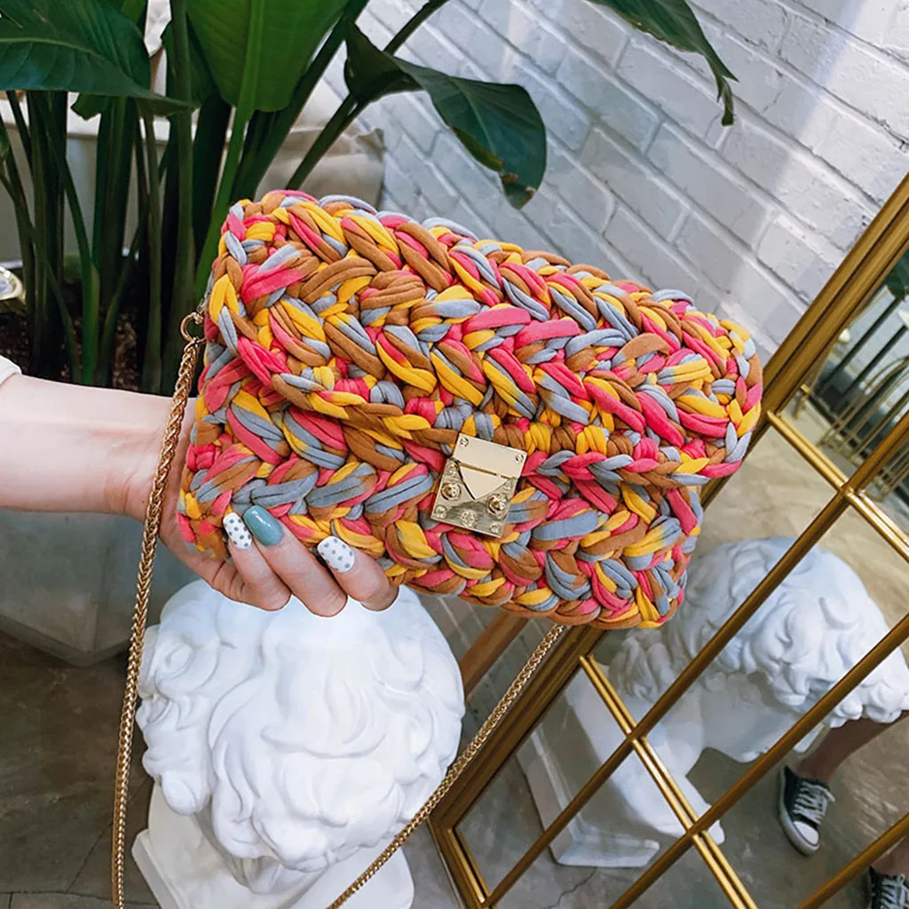 Womens Woven Colorful Bag Handmade Texture Wild Explosions Handbags Portable Single-shoulder Fashion Messenger Bolso Mujer YL4
