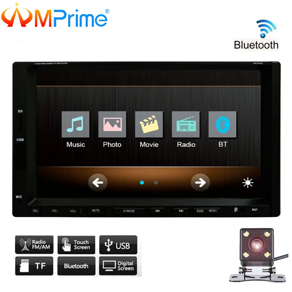 

AMPrime Car Radio 2din 7" Autoradio LCD Touch Bluetooth MP5 Player USB/FM/SD 2 din Audio Aux Rear View Camera Video out/ Sub Out