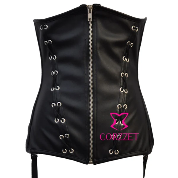 Latex Lace Up Boned Zipper Slim Shaper Waist Cincher Black Leather