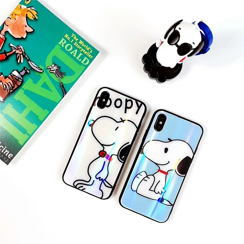 WTSZKL Cartoon Snoopy Pattern Blu-ray Glass Case Phone for iPhone X XR XS MAX Fun 6 6s Plus 7 8 |
