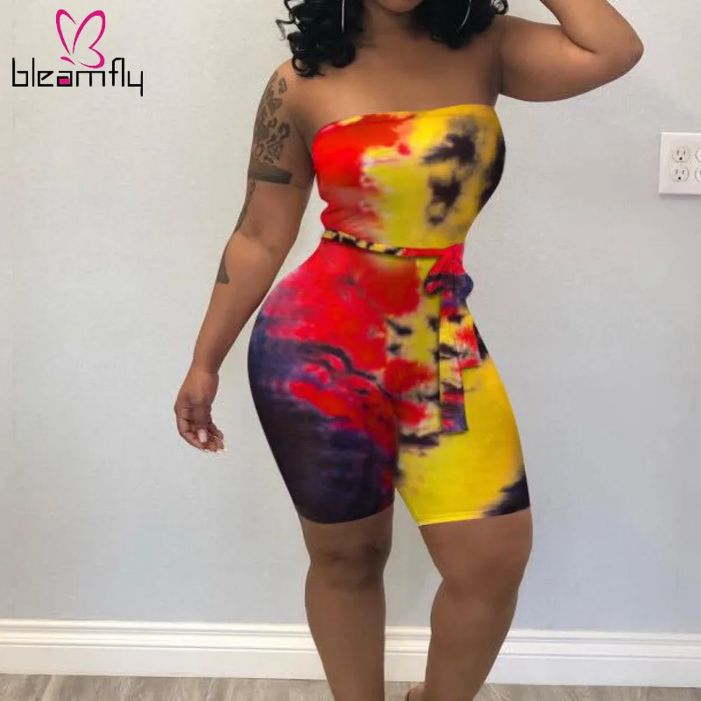 

Summer Sexy Tie Dye Printed Bodycon Jumpsuits Rompers Summer Holiday Beach Woman Strapless Sleeveless Playsuits Boho Overalls