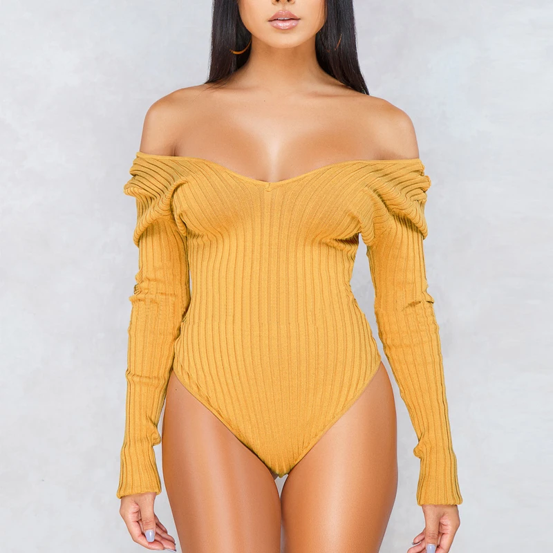 

Fashion Sexy Off Shoulder Skinny Knitted Sexy Bodysuit Women V Neck Plus Size Rompers Womens Jumpsuit Winter Bodysuits XXXL