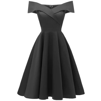 

Vintage Hepburn Style Ball Gown Dress Women Party Off Shoulder High Waist Pleated Swing Midi Dress Elegant Office Ladies Dress