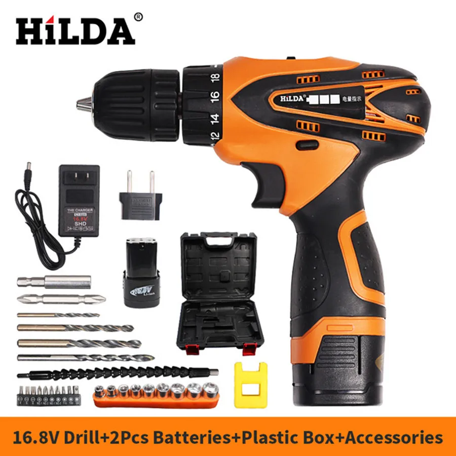 

HILDA 16.8V Electric Drill Cordless screwdriver +2 Pcs Lithium Battery Power Tools With Waterproof Plastic Case
