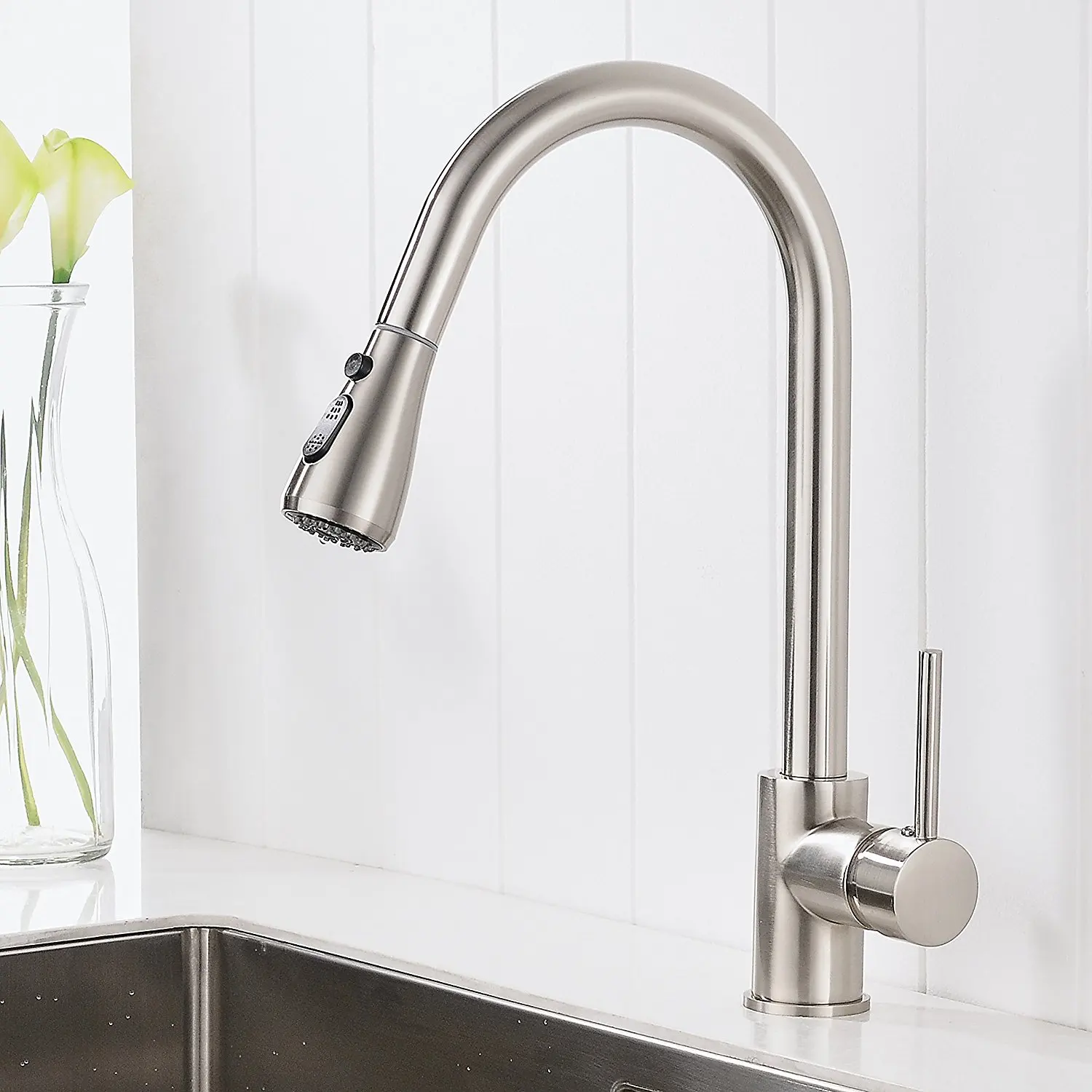 

Modern High Arch Pull Down Kitchen Faucet Single Handle Double Control Pause Function Sprayer Brushed Nickel Faucet YM141