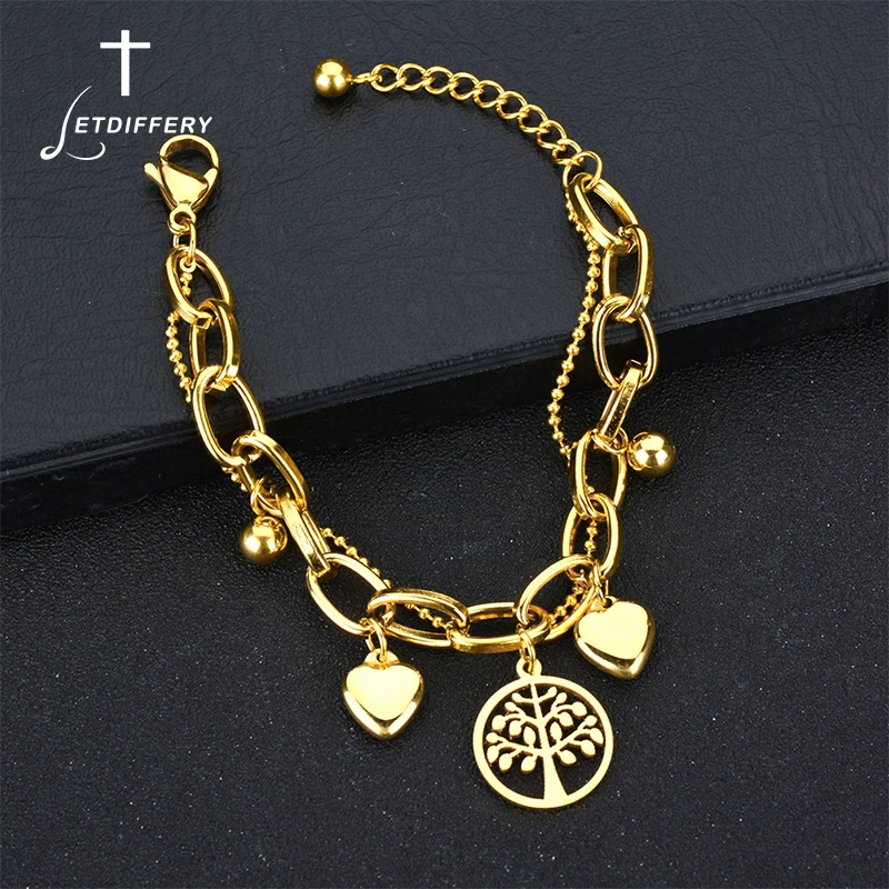 

Letdiffery Gold Tree Of Life Heart Chain Bracelet Stainless Steel Multilayer Adjustable Beads Link Bracelets For Women Gift