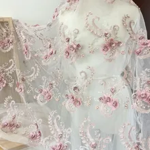 Один ярд Изысканная 3D сильно жемчужная бисерная кружевная ткань с цветочным принтом в пыли розовый, цветущая Цветочная кружевная ткань платье высокой моды