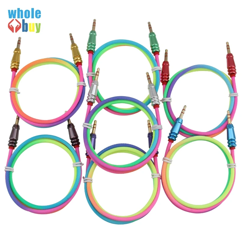100pcs 3 5 Jack Audio Cable Male to Male Rainbow Round Bullet Cloth Audio Aux Cable For iPhone Car Headphone Wire Line Aux Cord