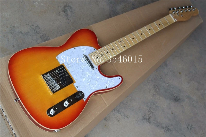 

Factory custom cherry sunburst body electric guitar with 2 pickups,white pearl pickguard,chrome hardware,can be customized