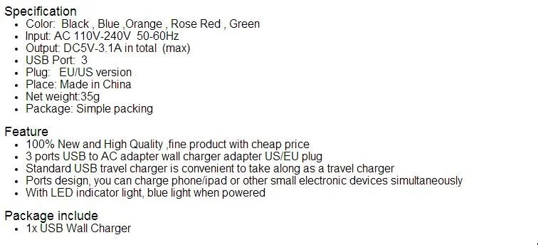 3.1A тройной USB 3-Порты и разъёмы для подключения к настенной AC Зарядное устройство адаптер для samsung S4/5/6 для iPhone 5S 6s для Ipad MP3/MP4 US/EU Plug