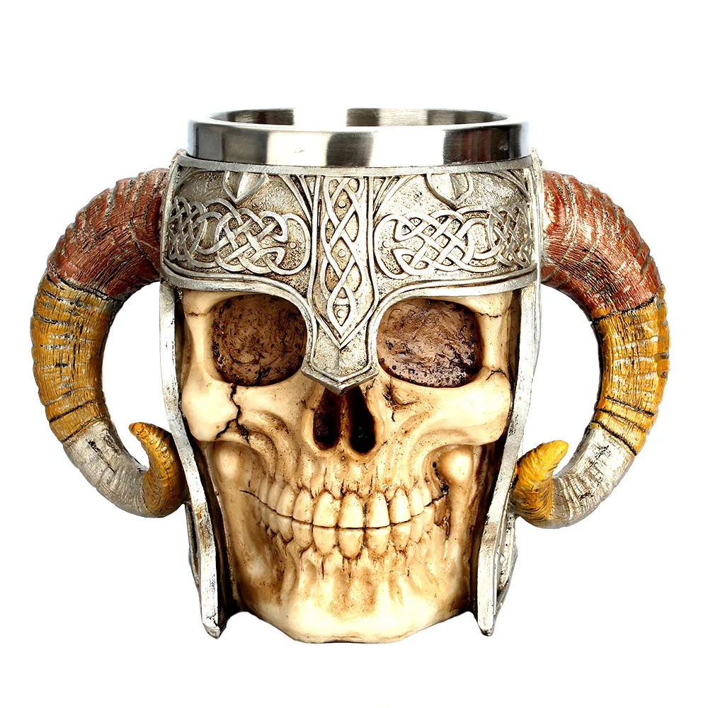 

Coffee Mug Resin Striking Warrior Tankard Viking Skull Double Wall Christmas Cup Creative Thermos Products Home Decor Hot Sale